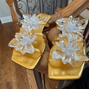 Gold Sandals with Crystal Flower Accents Jeffrey Campbell NWOT sz 8